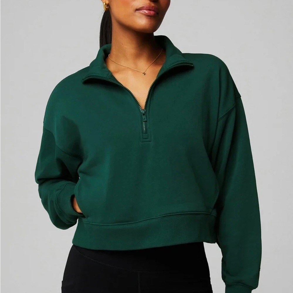 Fabletics Year Round Terry Half Zip Sweatshirt Green Women’s Size XL crop